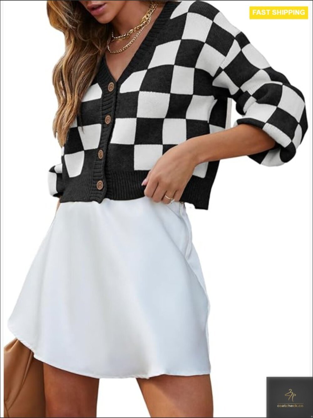 Checkered V Neck Button Down Long Sleeve Cable Knit Cropped Cardigan